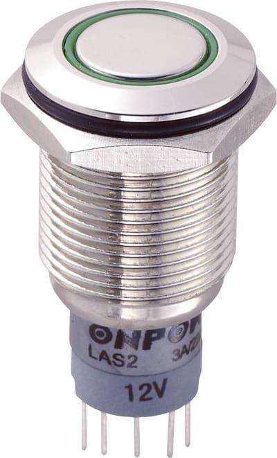 TRU COMPONENTS LAS2GQF-11E/G/12V/N/P Vandalismebestendige druktoets 250 V/AC 3 A 1x aan/(aan) Moment Groen IP67 1 stuk(