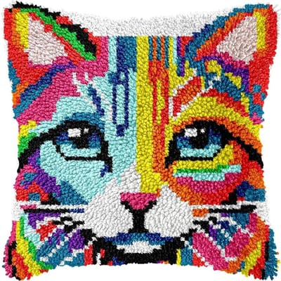 veirousa Kleurrijke kat klinkhaak kits voor volwassenen kinderen beginners schattige dieren klink haak kussen kit voorbedrukte grendelhaak tapijt kits kruissteek borduurwerk kussen voor thuis sofa