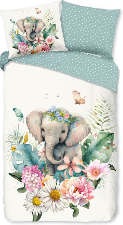 Good Morning dekbedovertrek bloemen met een olifant - 1 persoons 140x200/220 cm - Multi - 100% Katoen renforc�