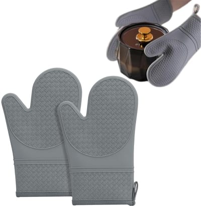 2 stuks grijze siliconen ovenwanten - Dikke katoenen voering voor warmte-isolatie en bescherming tegen verbranding - Beschermende kookhandschoenen - Hittebestendige en isolerende pad - 19*14*27,5 cm - Geschikt voor thuis bakken en koken - Grijs.