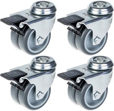 75 mm (3 inch) dubbelwielige zwenkwielen met grijs rubber en rem, draagvermogen 400 kg, set van 4