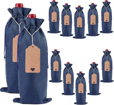 Jute wijnzak, verpakking van 12 wijnzakken met cadeauhanger/trekkoord (blauw-15 x 35 cm)
