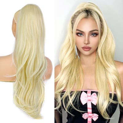 Langste Vlechtstaart Haarstuk met Trekkoord - Natuurlijke Synthetische Haarextensions voor Vrouwen - Lichtblond, 65 cm, Steil en Golvend Haar