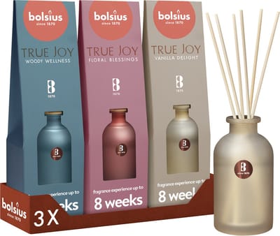 Bolsius - Geurstokjes True Joy - 3 Geuren - Vanilla Delight - Floral Blessings - Woody Wellness - 80 ml - Giftset