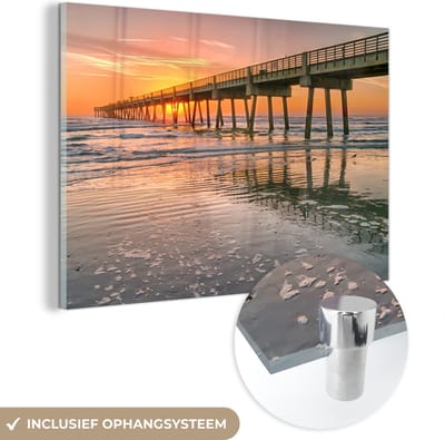 ® Glasschilderij 180x120 cm - Schilderij acrylglas - De zonsondergang aan het strand in het Amerikaanse Jacksonville - Foto op glas - Muurdecoratie woonkamer - Wanddecoratie slaapkamer - Schilderijen