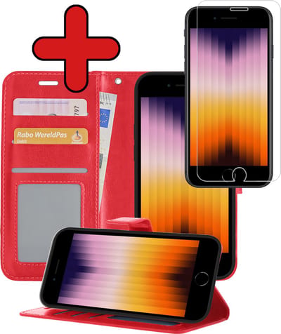 Hoesje - Met Screenprotector - Geschikt voor Apple iPhone SE (2022) - Luxe Pasjeshouder - Flipcase - Bookcase Portemonee - Flip Case - Kunstleer Book Case - Book Cover - Walletcase - Portemonneehoes - Telefoonhoes - Rood