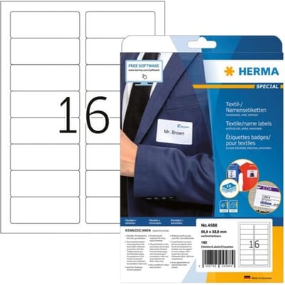 HERMA 4588 Textiel/naametiketten A4 verwijderbaar 88,9 x 33,8 mm wit acetaatzijde, te bedrukken