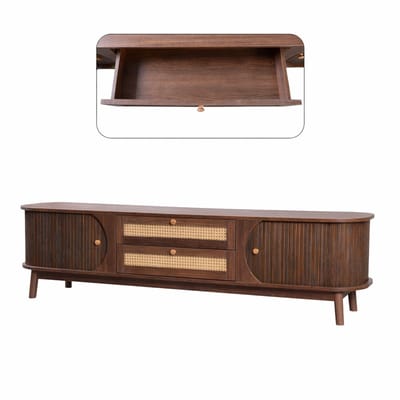 Sello! tv meubel – tv kast – natuurlijke materialen – Japandi – schuifdeuren – lades – L39.5 x B170 x H46 cm – donker hout