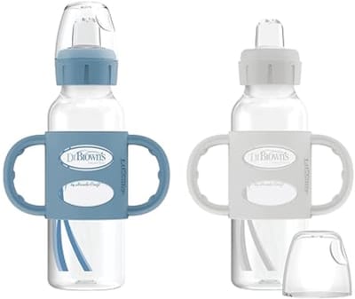 Narrow Sippy Bottle met Siliconen Handvatten – 250 ml, BPA-vrij, Lichtblauw en Grijs, 2-Pack, 6m+