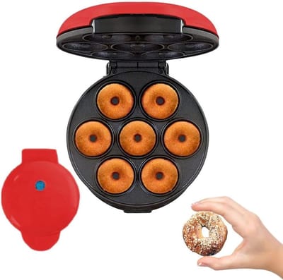 Mini Donut Maker - Donut Machine - Thuis Snacks Maken - Dubbelzijdig Verwarmen - Voor 7 Donuts - Rood