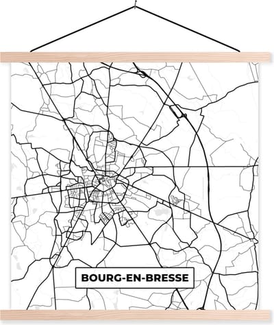 Posterhanger incl. Poster 40x40 cm - Schoolplaat - Frankrijk - Bourg-en-Bresse - Plattegrond - Stadskaart - Kaart - Zwart wit - Textielposter - Blanke latten - Stadskaart