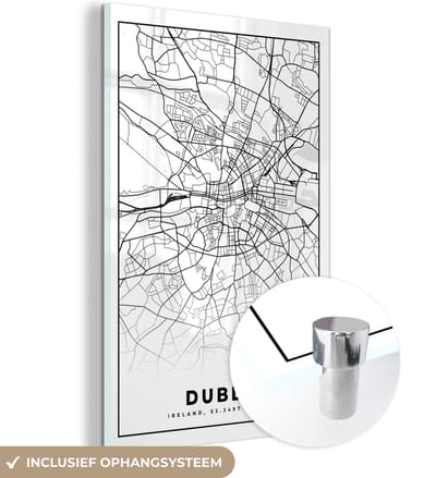 MuchoWow® Glasschilderij 120x180 cm - Schilderij acrylglas - Dublin - Stadskaart - Zwart Wit - Plattegrond - Kaart - Foto op glas - Schilderijen
