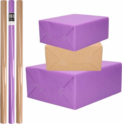 8x Rollen kraft inpakpapier/kaftpapier pakket bruin/paars 200 x 70 cm/cadeaupapier/verzendpapier/kaftpapier