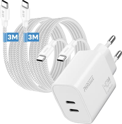Phreeze usb C power adapter 40 W - Dual port GaN oplader met 2 usb C kabels - Snellader usb C - 3 meter