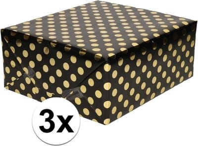 Luxe folie inpakpapier/cadeaupapier - 3x - zwart/gouden stip - 200 x 70 cm - Geschenkpapier - Cadeautjes inpakken