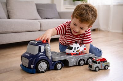 Interactieve Politietruck met Licht & Geluid – Inclusief Helikopter en Takelwagen – Speelgoedvoertuig