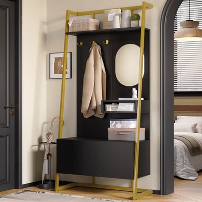 Wishdor - Compacte Garderobe - Met Spiegel En Metalen Haken - Modern Minimalistisch - Voor Hal - Zwart - 78 x 38,5 x 180,5 cm
