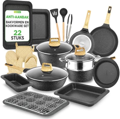 NutriChef Pannenset- Inductie 22-delige Anti-aanbak Pannenset - Professionele pannen, potten & hittebestendige tools