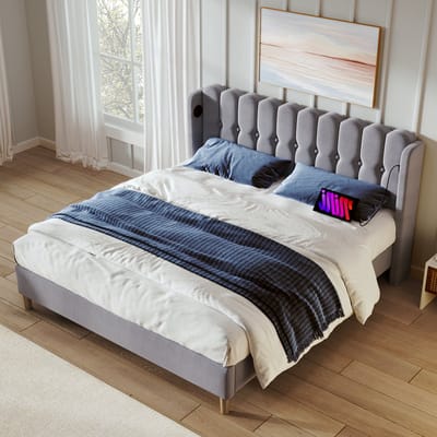 MEUNIQ gestoffeerd tweepersoons bedframe 140 x 200 cm met lattenbodem, hoofdbord en USB + Type-C laadfunctie, grijs linnen bed voor slaapkamer of logeerkamer