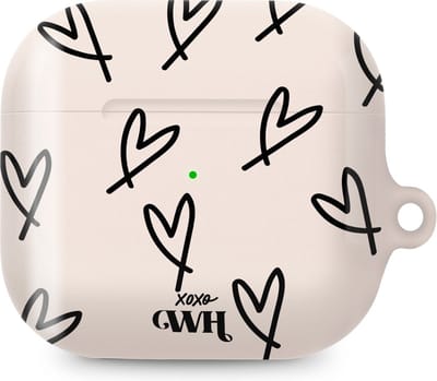 xoxo Wildhearts hoesje geschikt voor AirPods 4 - All Yours - Ook als telefoonhoesje verkrijgbaar - schokbestendige case - koptelefoonhoesje - Glimmende afwerking - Beschermhoes met hartjesprint - hartjes - Beige - Zwart