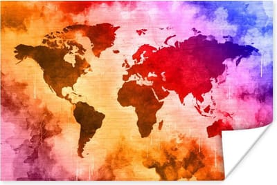 Poster Wereldkaart - Kleur - Abstract - 30x20 cm