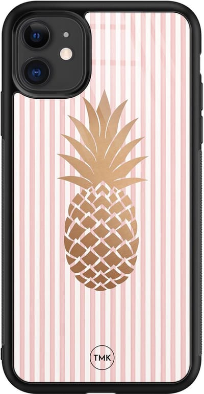Hoesje geschikt voor Apple iPhone 11 - Ananas roze - Roze - TPU luxe case (glossy toplaag) - Gestreept - Hardcase backcover zwart
