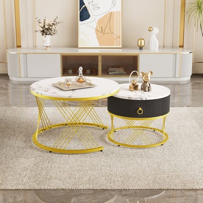 DESMIU Salontafel – Modulaire Set Met Marmerlook En Lade – Voor Woonkamer En Lounge – MDF En Metaal – Wit – 70 X 70 X 45 Cm En 50 X 50 X 40 Cm