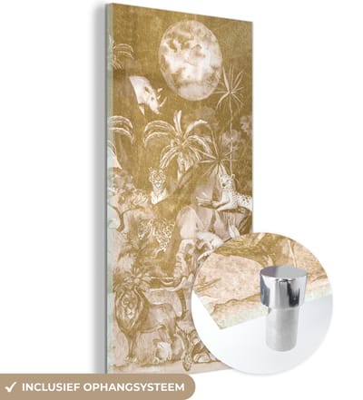 MuchoWow® Glasschilderij 20x40 cm - Schilderij acrylglas - Jungle - Goud - Kinderen - Planten - Dieren - Foto op glas - Schilderijen