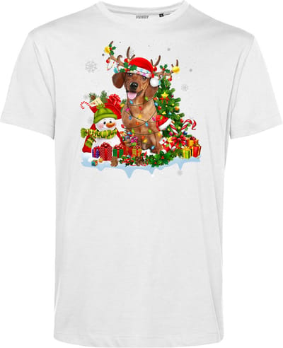 T-shirt Kerst Teckel | Foute Kersttrui Dames Heren | Kerstcadeau | Kerstpakket | Wit | maat XS