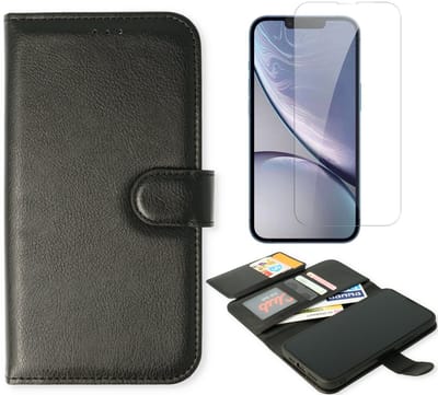 Casemania Hoesje & Glas Geschikt voor Apple iPhone 17 - Zwart - Geschikt voor MagSafe - 2 in 1 Luxe Kunstlederen Portemonnee Book Case met Extra Vakken + 1x Glazen Screenprotector