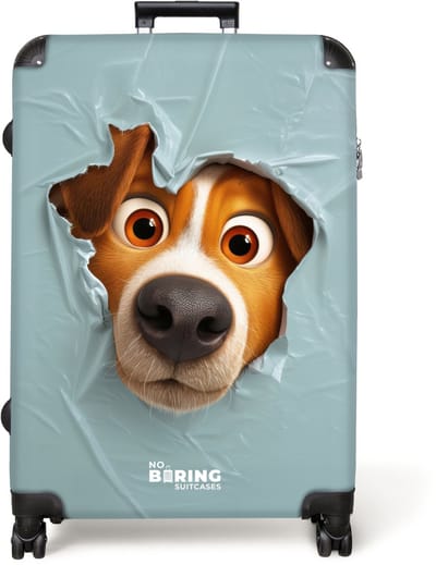NoBoringSuitcases.com® - Kinderkoffer - Kindertrolley jongen en meisje - Bruine hond door gescheurd blauw plastic - Koffer kind groot - Rolkoffer met 4 wielen - Grote trolley XL - 98 liter bagage