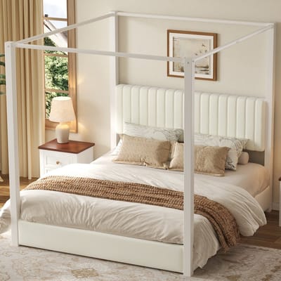 HAUSS SPOLE Hemelbed 180x200cm - Gestoffeerd Bed Met Gevoerd Hoofdbord - Zonder Matras - Modern Slaapkamerbed Van Fluweel En Metaal - Beige Wit
