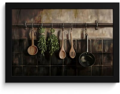 Poster in lijst - Fotolijst 30x20 cm - Posters - Keukengerei - Rustiek - Tegels - Kruiden - Posterlijst zwart - Decoratie - Wanddecoratie woonkamer - Muurdecoratie slaapkamer