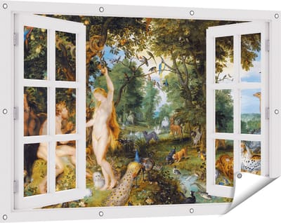 Gards Tuinposter Doorkijk Het Aardse Paradijs met de Zondeval van Adam en Eva - Jan Brueghel - 120x80 cm - Tuindoek - Tuindecoratie - Wanddecoratie buiten - Tuinschilderij