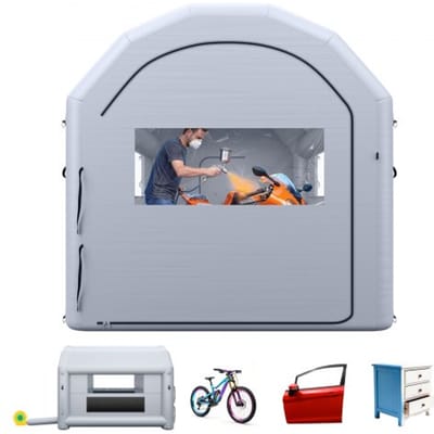 VEVOR Opblaasbare Spuitcabine 4x3x2,75 m Spuitcabine Verftent Grijs, met 750W Ventilator & Actieve Koolstoffiltratie, PVC Ramen, Gebogen Dak voor Fietsen, Motoren & Meubels, Draagbaar