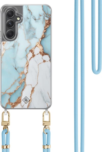 Casimoda® hoesje met koord - Geschikt voor Samsung A34 - Marmer Lichtblauw - Afneembaar koord - TPU/polycarbonaat - Blauw
