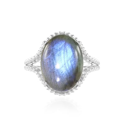 Cavill - Luxe Zilveren Ring - 925 Sterling Zilver Geplatineerd - Labradoriet Cabochon 8,593 Ct Ovaal - Handgemaakte Robuuste Ring Uit Madagaskar