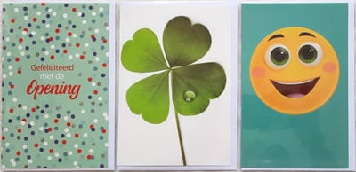 3 Wenskaarten - Gefeliciteerd met de Opening + Klavertje 4 + Blanco Kaart Smiley - 12 x 17 cm – PAND-302