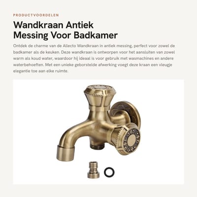 Dailygoods- Wandkraan Antiek Messing - Keuken Accessoires - Badkamer Kraan - Warm/Koud Water - Dweil - Buitentuin