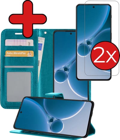 Hoesje - Met 2x Screenprotector - Geschikt voor OnePlus Nord 3 - Luxe Pasjeshouder - Flip Case - Bookcase Portemonee - Kunstleer Book Case - Flipcase Hoes - Book Cover - Walletcase - Portemonneehoes - Telefoonhoes - Turquoise