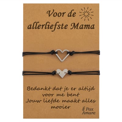 Moeder Kind Armbandjes voor 2 "Voor de Allerliefste Mama" - Leuke Hartjes - Vriendschapsarmbandjes met Persoonlijk Cadeau Kaartje - Zilverkleurig - Elastisch Verstelbaar - Pax Amare