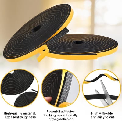 Zelfklevende Foam Tape 10 m - 2-pack, 10 x 6 mm Zwart, Ideaal voor Deuren, Huishoudelijke Apparaten en Ventilatieopeningen, Perfect voor Isolatie en Geluiddemping