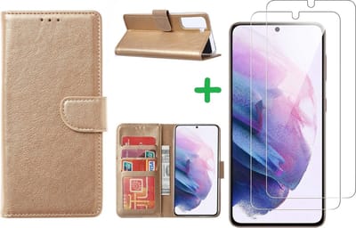 Hoesje Geschikt Voor Samsung Galaxy S21 FE hoesje bookcase Goud Met screenprotector / 2X tempered glass