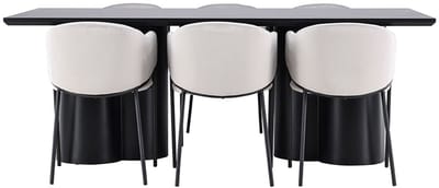 Olivia eethoek tafel 100x210cm en 6 velours stoelen met armleuningen zwart.