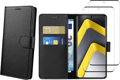 Hoesje Portemonnee geschikt voor Xiaomi Poco M8 Pro 5G Zwarte portemonnee met magnetische klep en kaartopslag en 2 stuks Screenprotector Gehard Glas