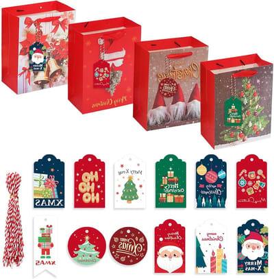 Decoratieve kerstzakken voor geschenken en snoep, 12 papieren kerstzakjes met 48 labels