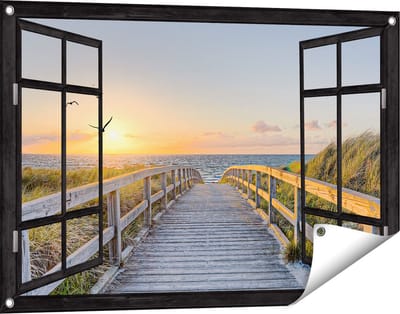 Gards Tuinposter Doorkijk Voetpad met Zee en Vogels - 90x60 cm - Tuindoek - Tuindecoratie - Wanddecoratie buiten - Tuinschilderij