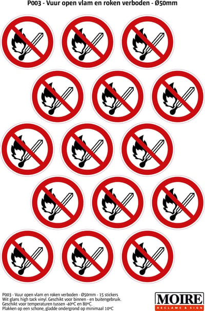 Pictogram sticker 75 stuks P003 - Vuur open vlam en roken verboden - 50 x 50mm - 15 stickers op 1 vel