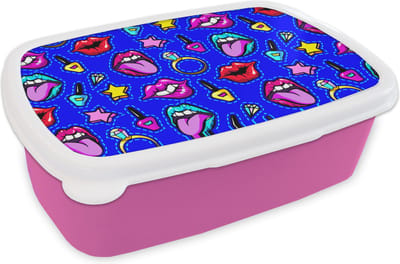 Broodtrommel Roze - Lunchbox - Brooddoos - Patroon - Popart - Neon - Blauw - 18x12x6 cm - Kinderen - Meisje