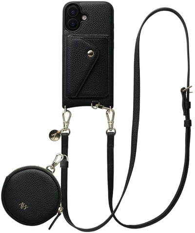 AVY Leren Hoesje geschikt voor Apple iPhone 17 | Met Koord, Wallet en Pouch | Compatibel met MagSafe | Leather Case met 130CM Koord | Long Leather | Zwart